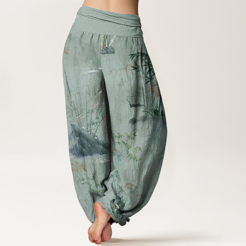 Casual Bamboo Rock Ink Painting Women's Elastic Waist Harem Pants - Image 10