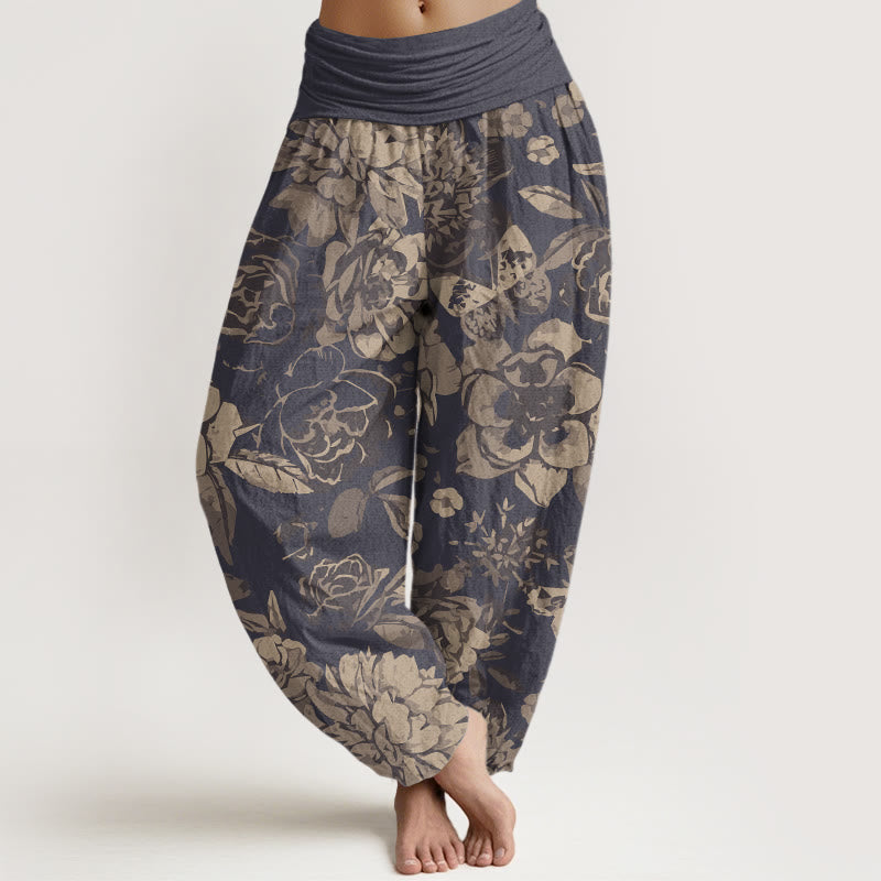 Casual Peony Flowers Leaves Women's Elastic Waist Harem Pants