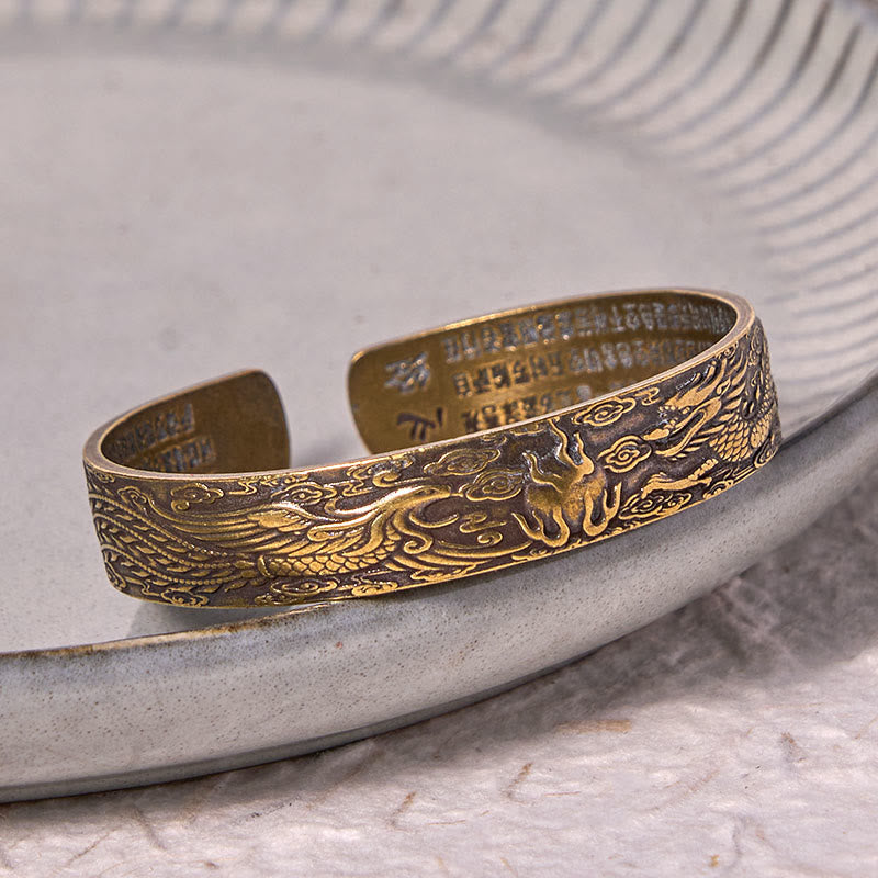 Dragon And Phoenix Playing With A Pearl Heart Sutra Carved Copper Brass Luck Bracelet Bangle - Image 3