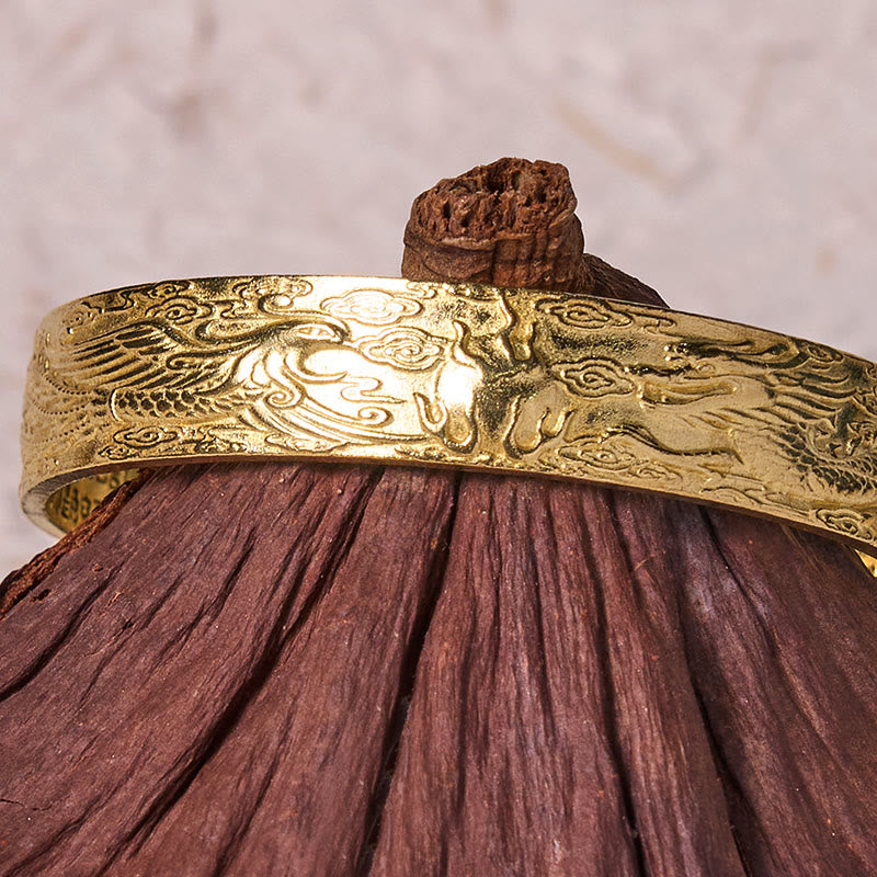 Dragon And Phoenix Playing With A Pearl Heart Sutra Carved Copper Brass Luck Bracelet Bangle - Image 11