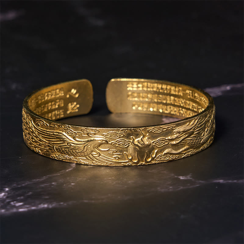 Dragon And Phoenix Playing With A Pearl Heart Sutra Carved Copper Brass Luck Bracelet Bangle - Image 9