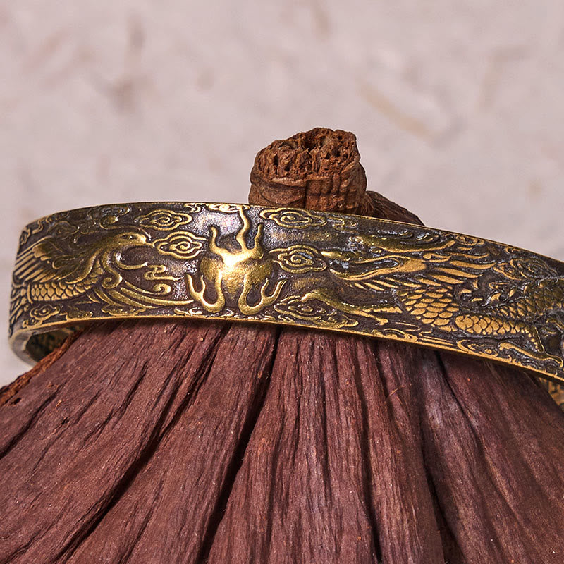Dragon And Phoenix Playing With A Pearl Heart Sutra Carved Copper Brass Luck Bracelet Bangle - Image 4