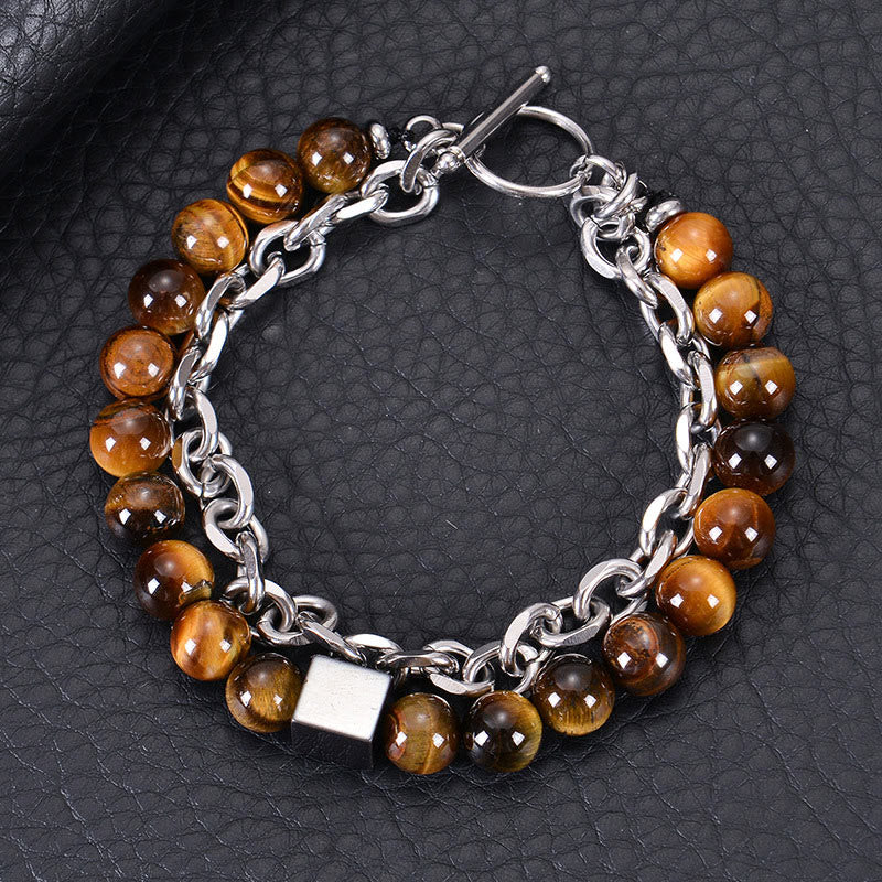 Colorful Tiger Eye Frosted Stone Black Magnetite Titanium Steel Double Wrap Protection Bracelet