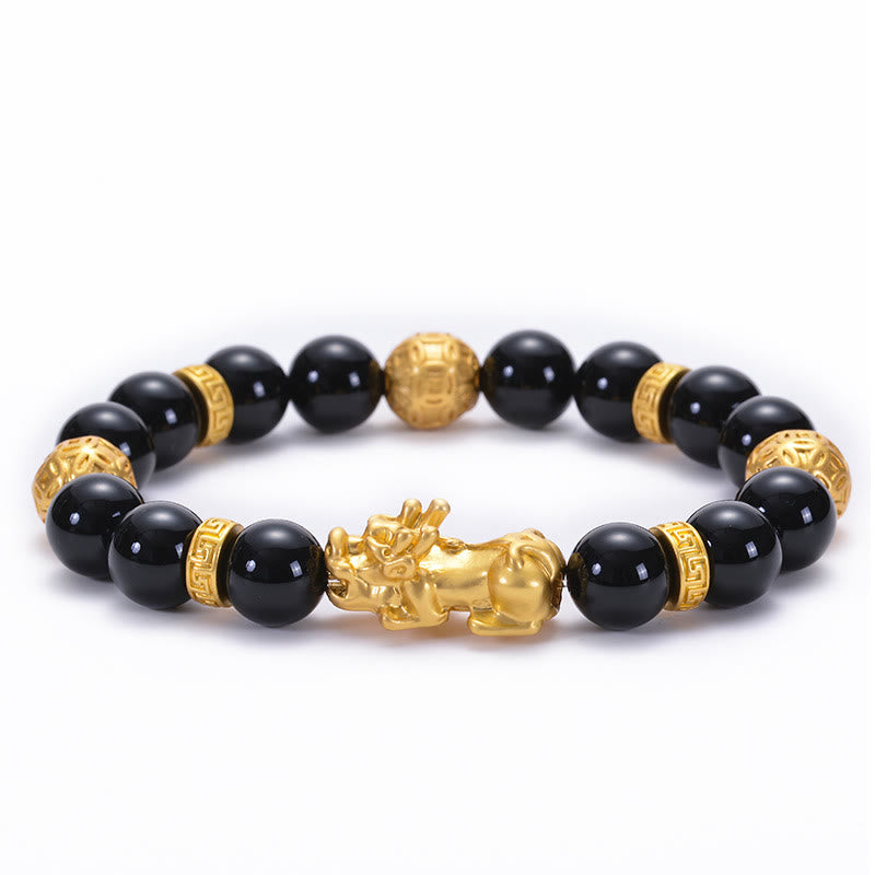 Black Obsidian Black Onyx Alloy PiXiu Om Mani Padme Hum Strength Bracelet - Image 11