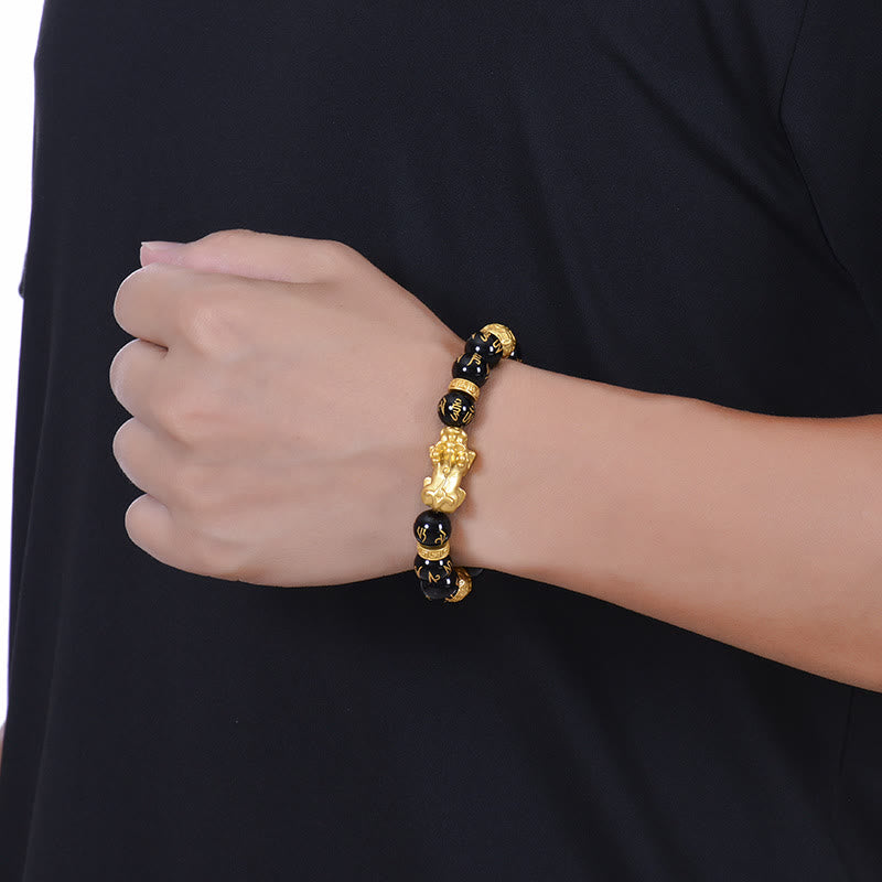 Black Obsidian Black Onyx Alloy PiXiu Om Mani Padme Hum Strength Bracelet - Image 4