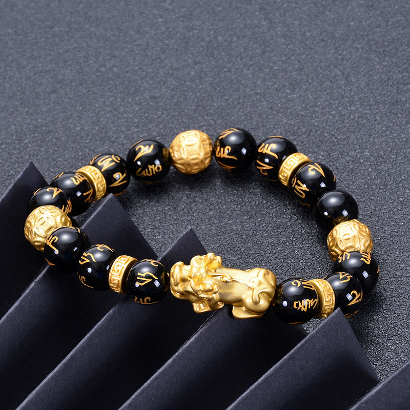 Black Obsidian Black Onyx Alloy PiXiu Om Mani Padme Hum Strength Bracelet - Image 3