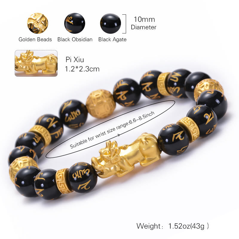 Black Obsidian Black Onyx Alloy PiXiu Om Mani Padme Hum Strength Bracelet - Image 6