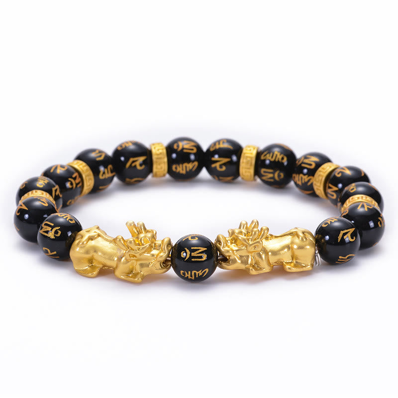 Black Obsidian Black Onyx Golden Alloy Two PiXiu Om Mani Padme Hum Strength Bracelet