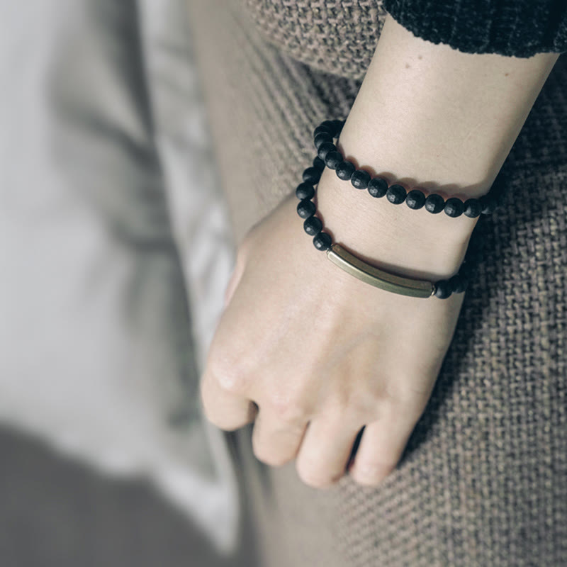 Frosted Cut Surface Black Onyx Copper Brass Double Wrap Protection Bracelet - Image 4