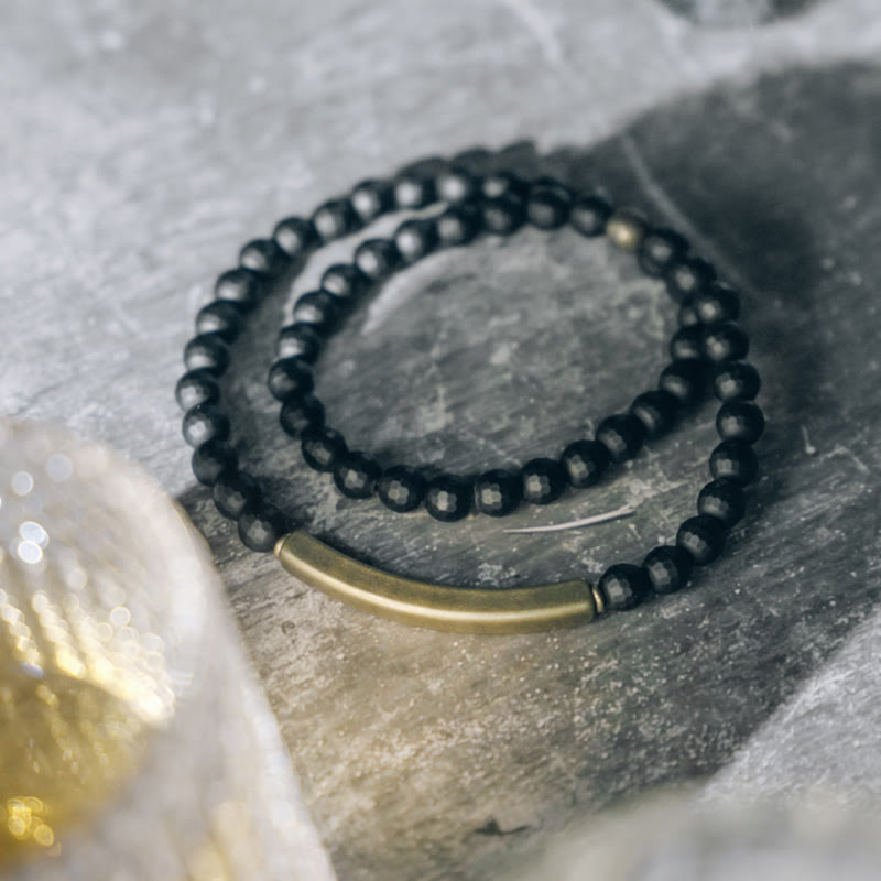 Frosted Cut Surface Black Onyx Copper Brass Double Wrap Protection Bracelet - Image 9