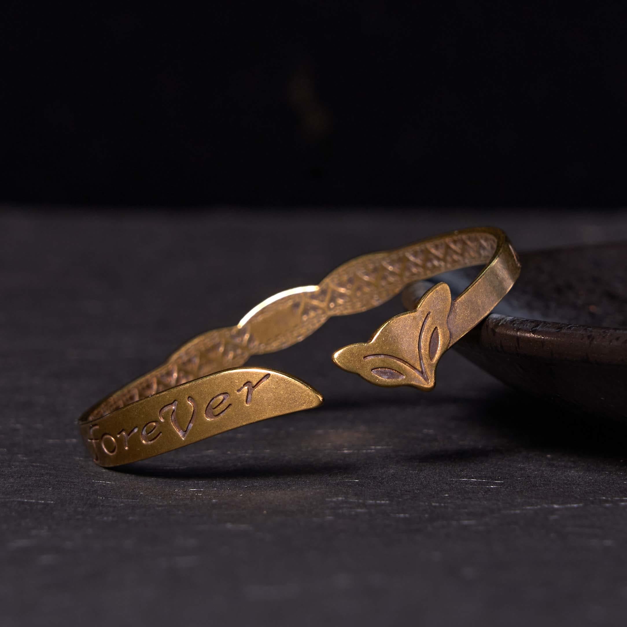 Fox Head Copper Brass 'Love You Forever' Luck Self Care Bracelet Bangle