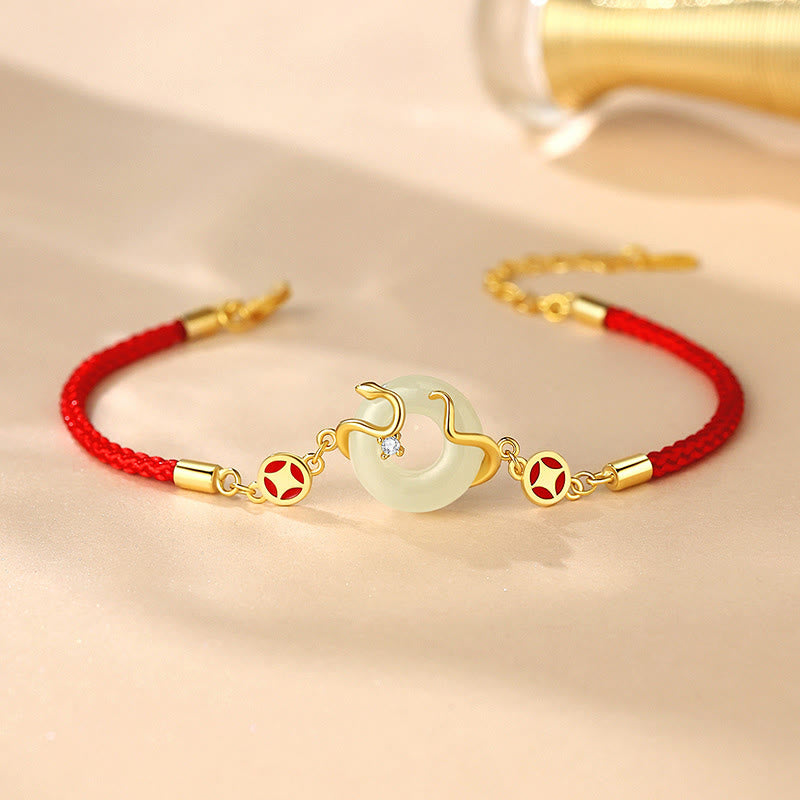Hetian Jade Chalcedony Peace Buckle Coin 925 Sterling Silver Year Of The Snake Red String Prosperity Bracelet
