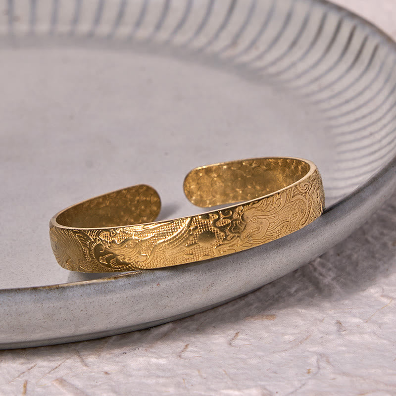 Dragon And Phoenix Playing With A Pearl Carved Copper Brass Luck Protection Bracelet Bangle - Image 10