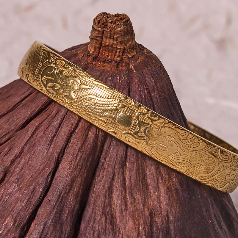 Dragon And Phoenix Playing With A Pearl Carved Copper Brass Luck Protection Bracelet Bangle - Image 11