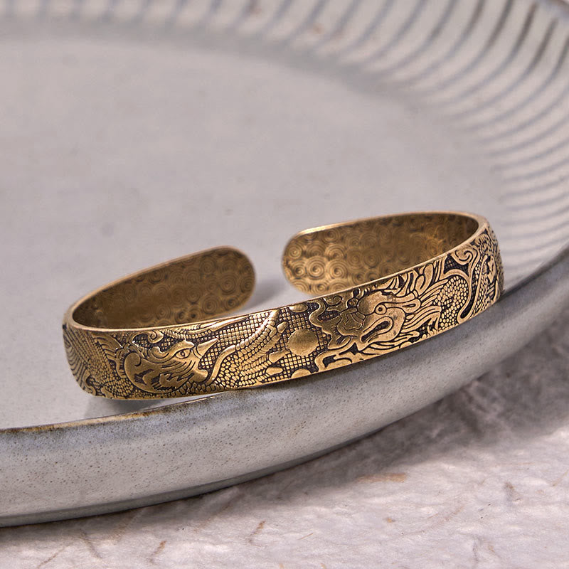 Dragon And Phoenix Playing With A Pearl Carved Copper Brass Luck Protection Bracelet Bangle - Image 3