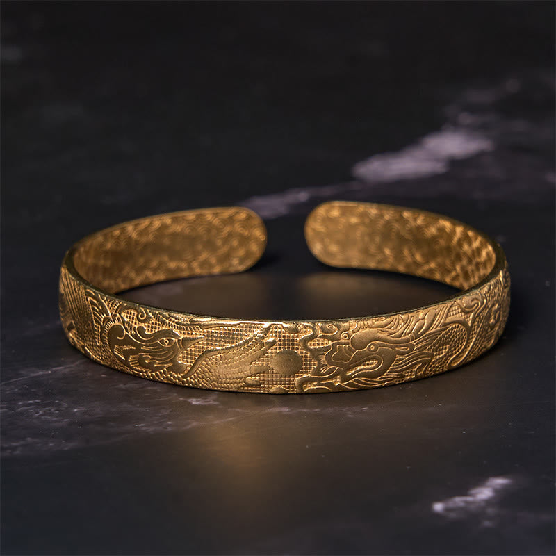 Dragon And Phoenix Playing With A Pearl Carved Copper Brass Luck Protection Bracelet Bangle - Image 9