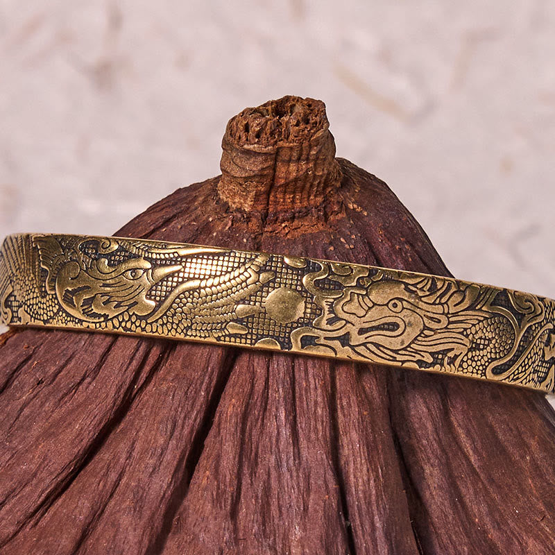 Dragon And Phoenix Playing With A Pearl Carved Copper Brass Luck Protection Bracelet Bangle - Image 4