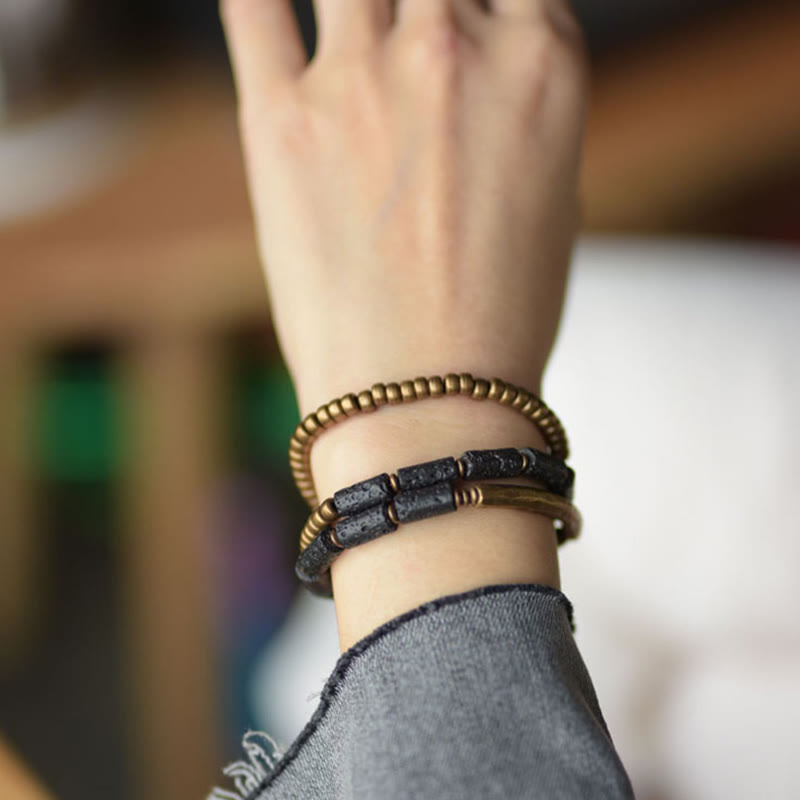 Vintage Lava Rock Copper Brass Multi-turn Wrap Calm Bracelet - Image 4