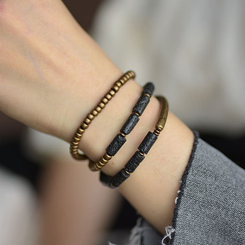 Vintage Lava Rock Copper Brass Multi-turn Wrap Calm Bracelet - Image 9