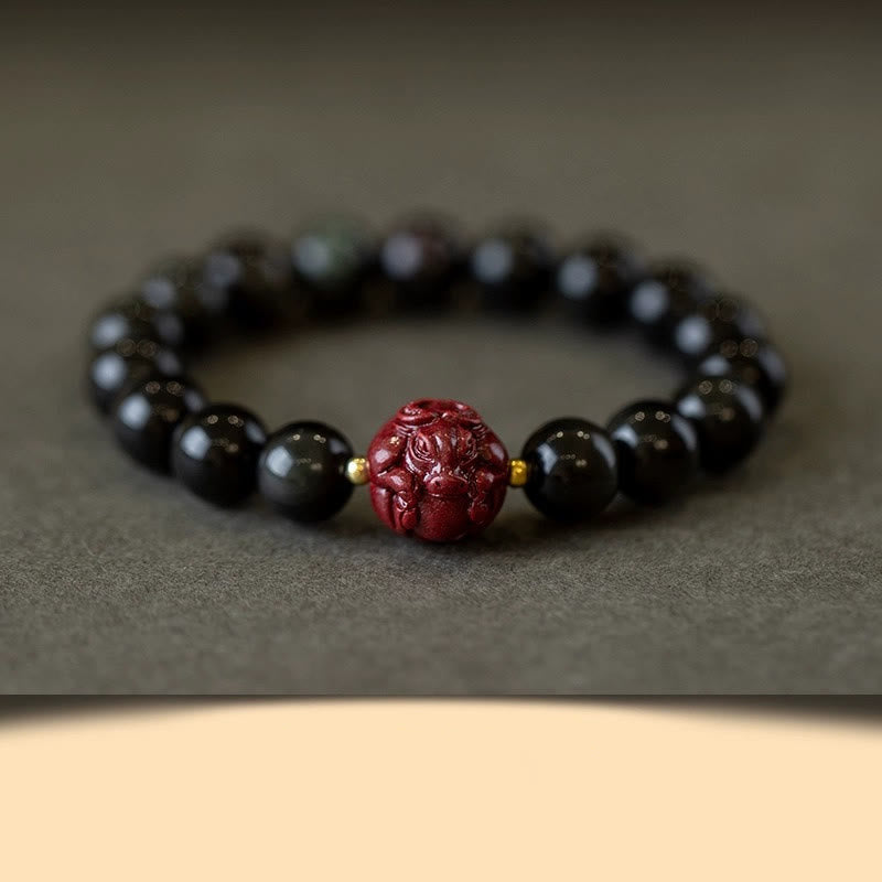 Chinese Zodiac Natural Black Obsidian Cinnabar Purification Bracelet - Image 4