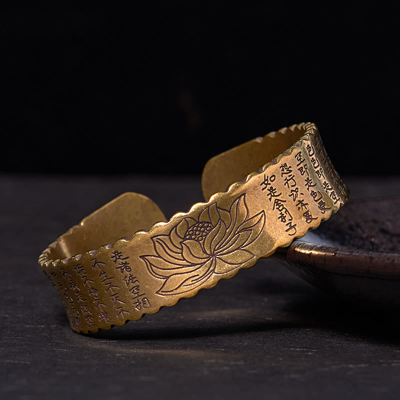 Heart Sutra Lotus Flower Copper Brass Peace Enlightenment Cuff Bracelet Bangle
