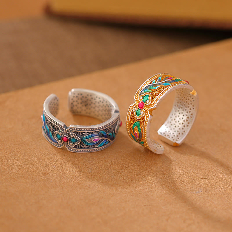 999 Sterling Silver Enamel Feather Design Adjustable Calm Ring