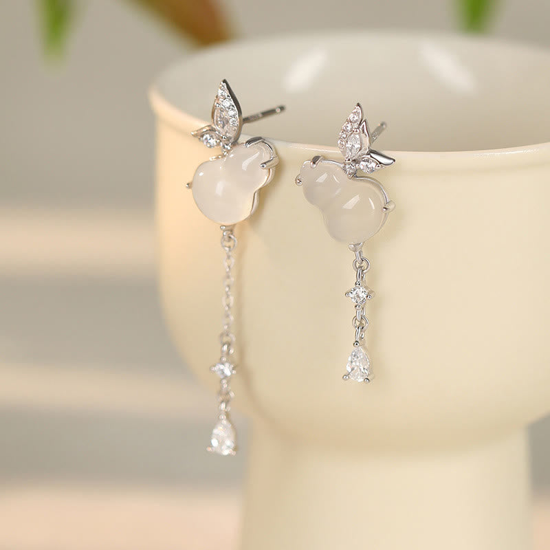Hetian Jade Magnolia Chalcedony 925 Sterling Silver Butterfly Gourd Luck Earrings