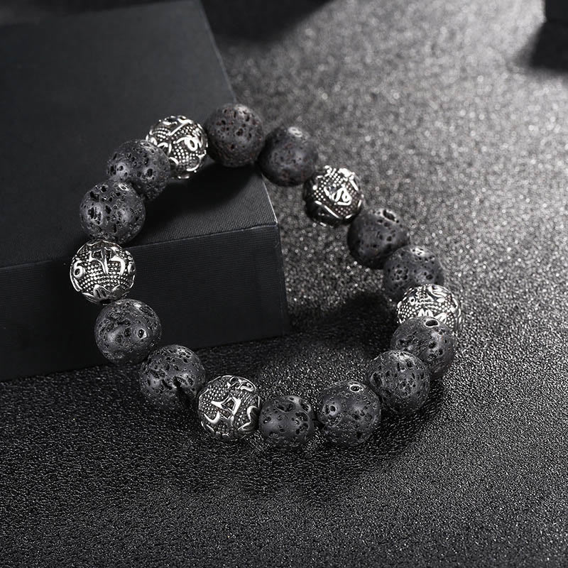 Natural Lava Rock Tiger Eye Titanium Steel Six-True-Words Om Mani Padme Hum Healing Bracelet