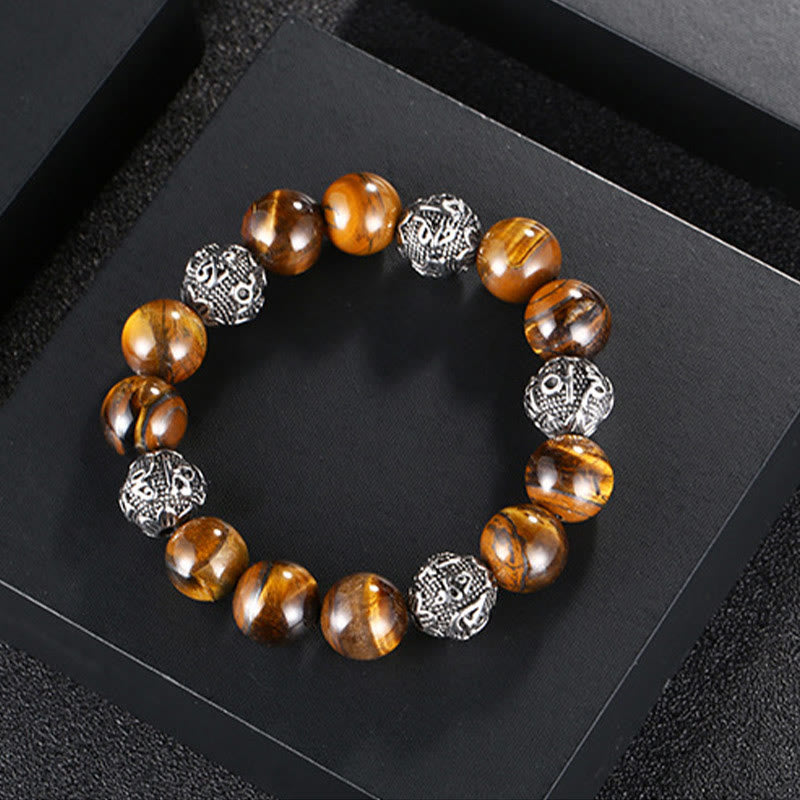 Natural Lava Rock Tiger Eye Titanium Steel Six-True-Words Om Mani Padme Hum Healing Bracelet - Image 9