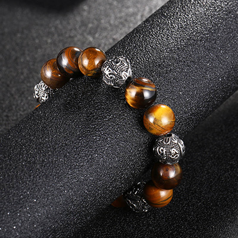 Natural Lava Rock Tiger Eye Titanium Steel Six-True-Words Om Mani Padme Hum Healing Bracelet - Image 10