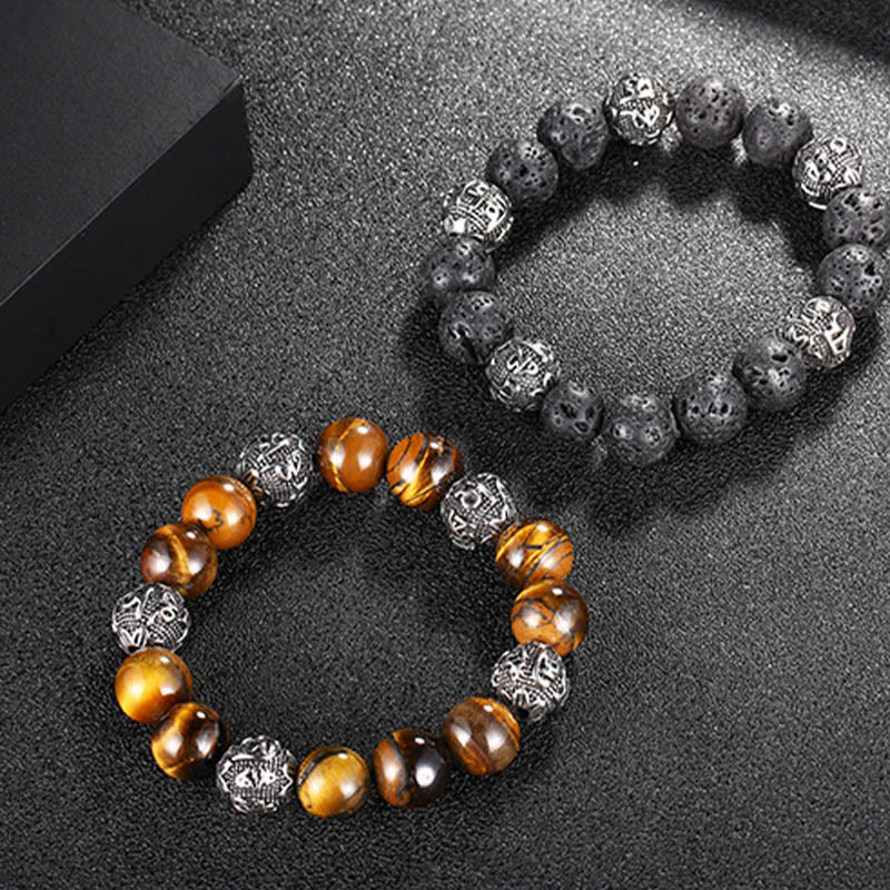 Natural Lava Rock Tiger Eye Titanium Steel Six-True-Words Om Mani Padme Hum Healing Bracelet - Image 17