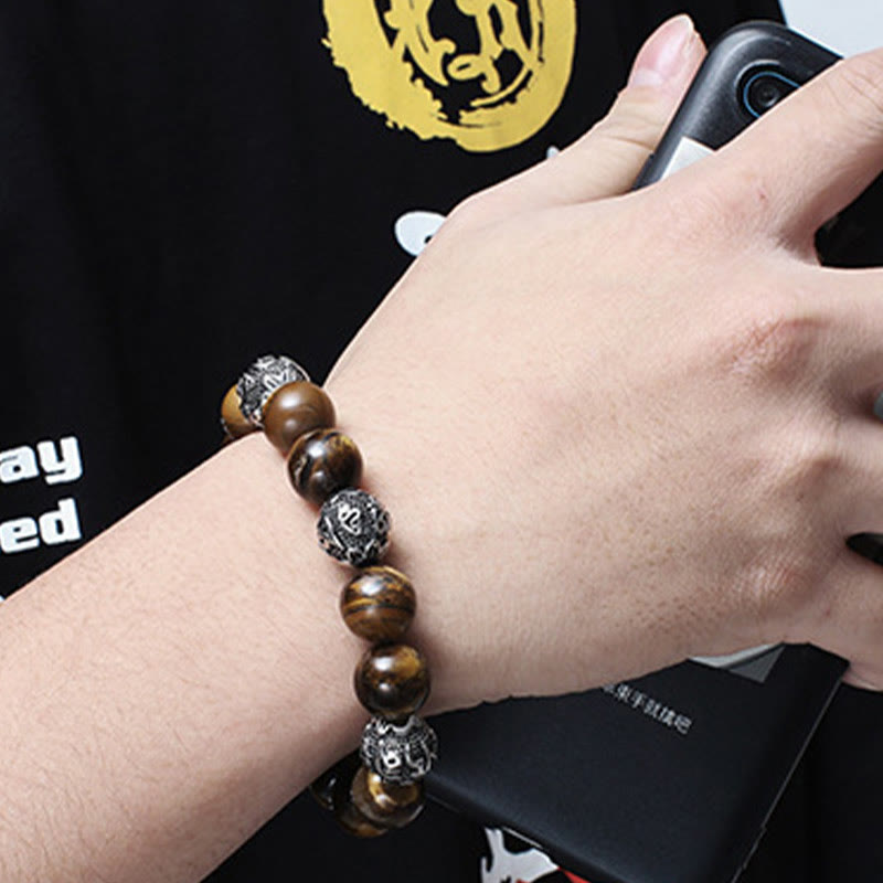 Natural Lava Rock Tiger Eye Titanium Steel Six-True-Words Om Mani Padme Hum Healing Bracelet - Image 14