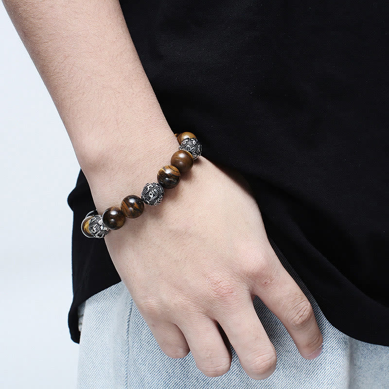 Natural Lava Rock Tiger Eye Titanium Steel Six-True-Words Om Mani Padme Hum Healing Bracelet - Image 15