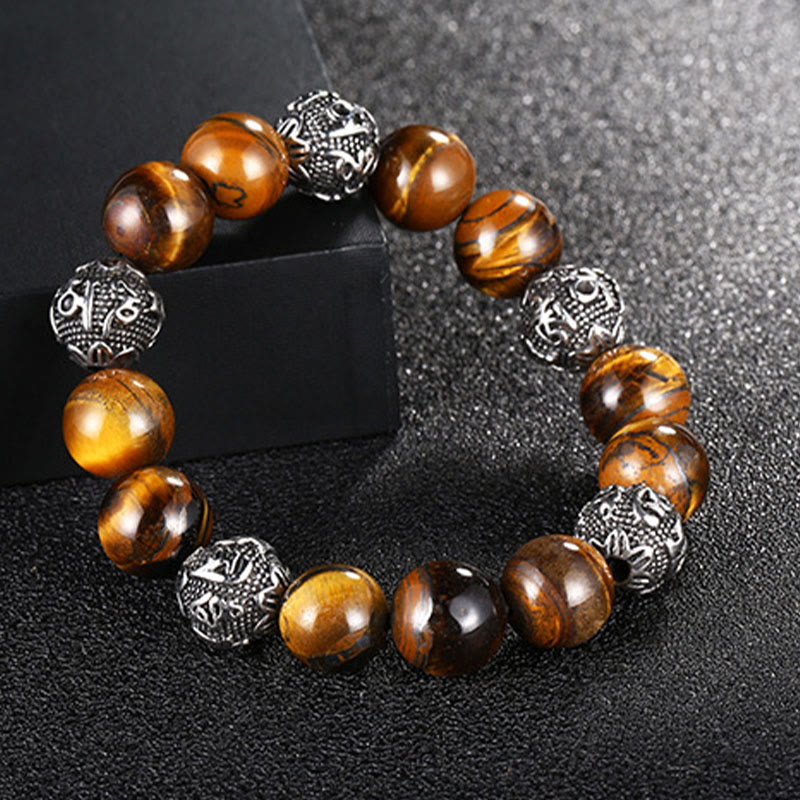 Natural Lava Rock Tiger Eye Titanium Steel Six-True-Words Om Mani Padme Hum Healing Bracelet - Image 8