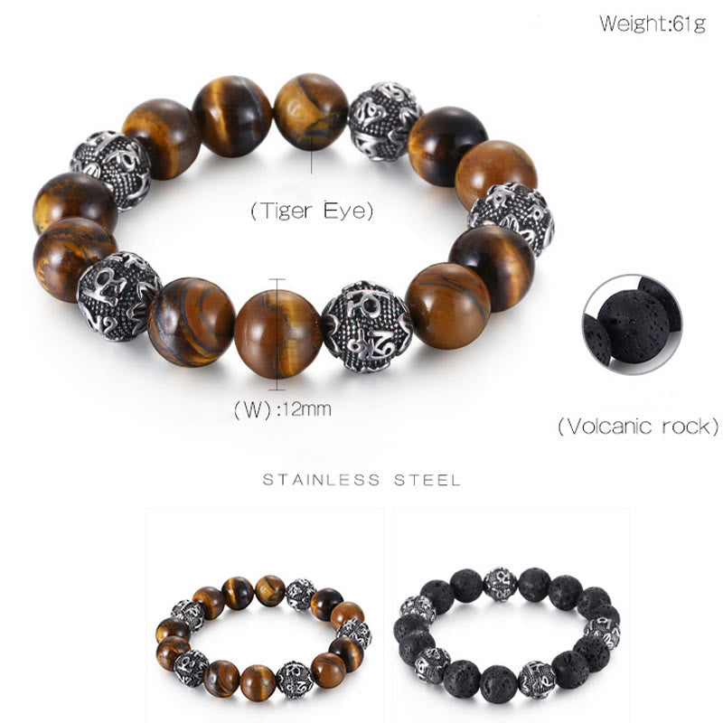 Natural Lava Rock Tiger Eye Titanium Steel Six-True-Words Om Mani Padme Hum Healing Bracelet - Image 12