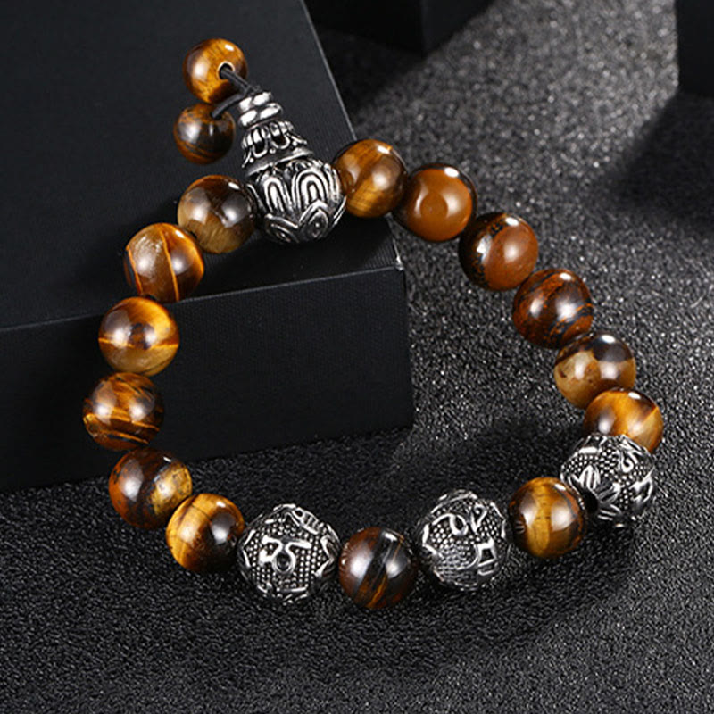 Natural Tiger Eye Lava Rock Black Obsidian Titanium Steel Six-True-Words Om Mani Padme Hum Protection Bracelet