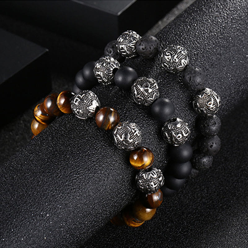 Natural Tiger Eye Lava Rock Black Obsidian Titanium Steel Six-True-Words Om Mani Padme Hum Protection Bracelet - Image 19