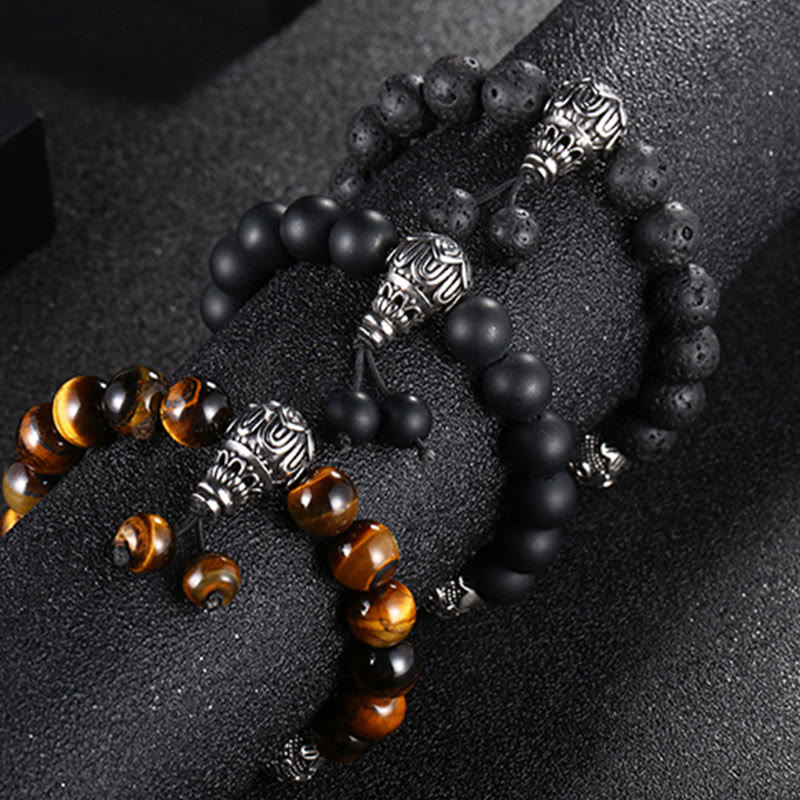 Natural Tiger Eye Lava Rock Black Obsidian Titanium Steel Six-True-Words Om Mani Padme Hum Protection Bracelet - Image 20