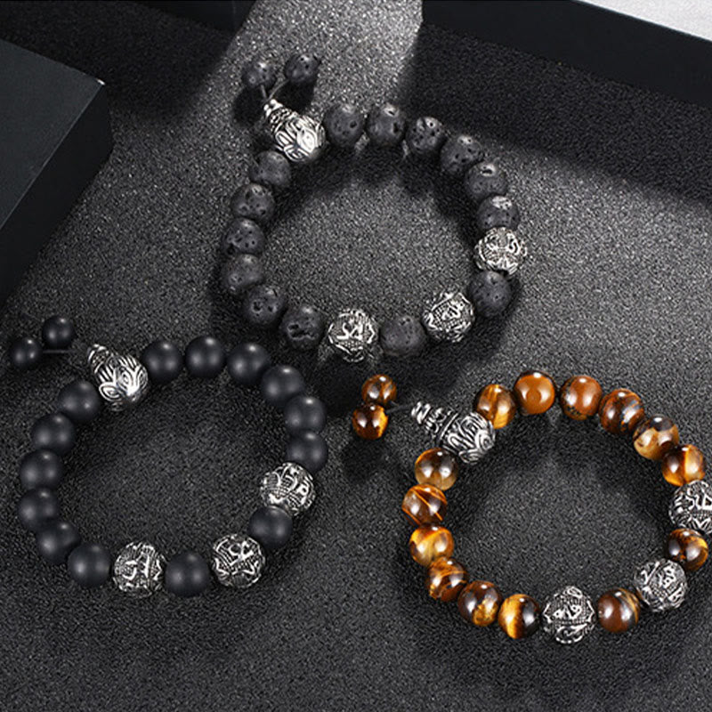 Natural Tiger Eye Lava Rock Black Obsidian Titanium Steel Six-True-Words Om Mani Padme Hum Protection Bracelet - Image 21