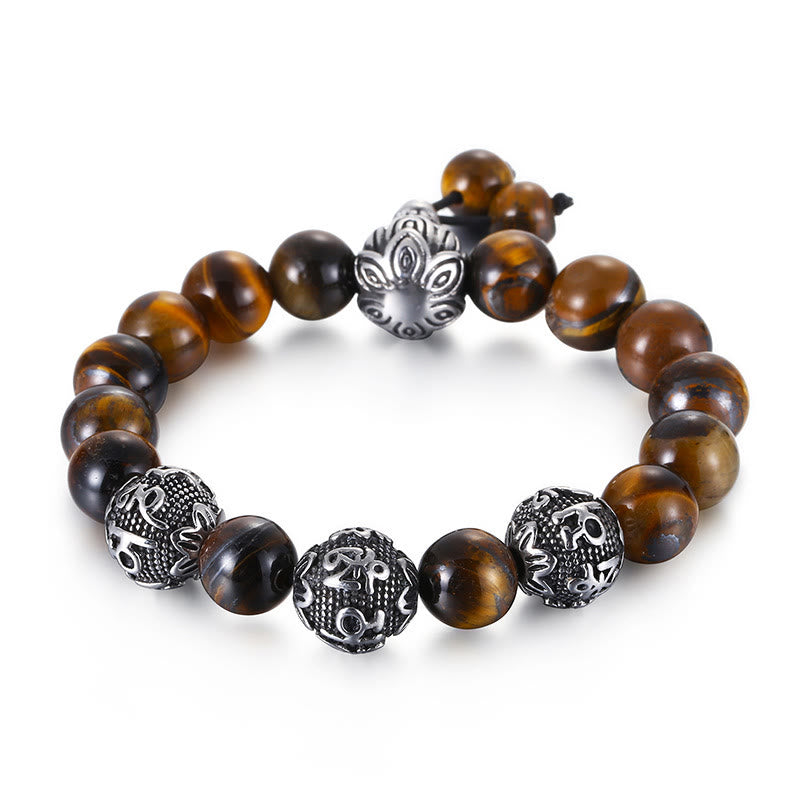 Natural Tiger Eye Lava Rock Black Obsidian Titanium Steel Six-True-Words Om Mani Padme Hum Protection Bracelet - Image 3