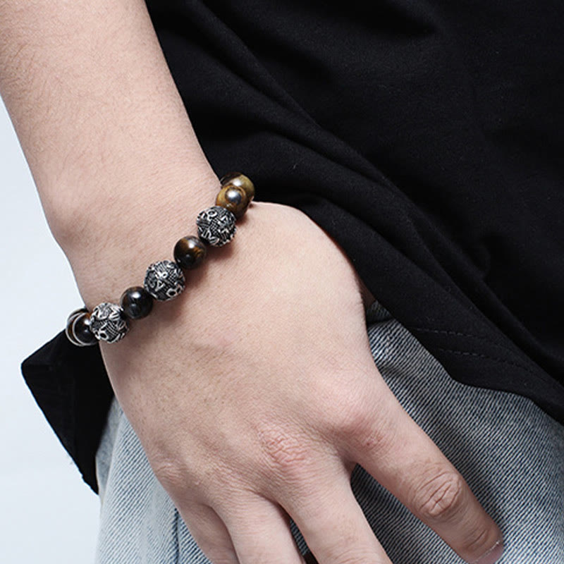 Natural Tiger Eye Lava Rock Black Obsidian Titanium Steel Six-True-Words Om Mani Padme Hum Protection Bracelet - Image 4