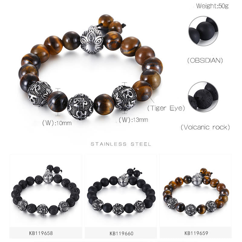 Natural Tiger Eye Lava Rock Black Obsidian Titanium Steel Six-True-Words Om Mani Padme Hum Protection Bracelet - Image 5