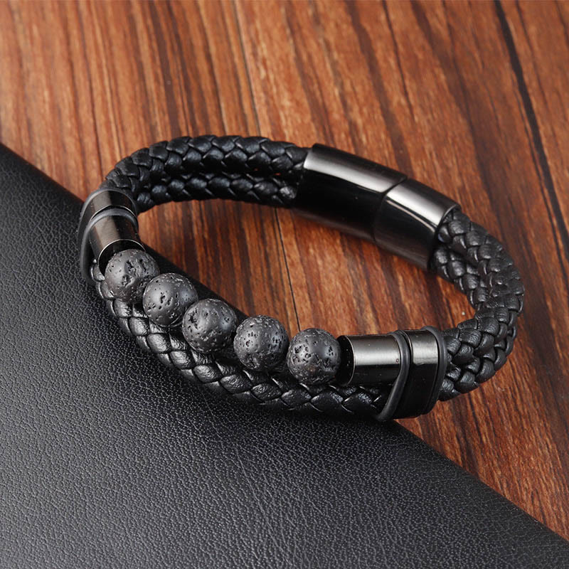 Lava Rock Frosted Stone Healing Leather Magnetic Buckle Bracelet