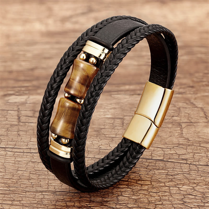 Tiger Eye Bamboo Stone Integrity Courage Multi-layer Leather Bracelet