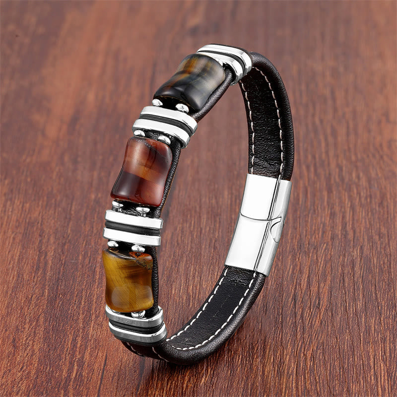 Tiger Eye Three Bamboo Stone Protection Power Leather Bracelet