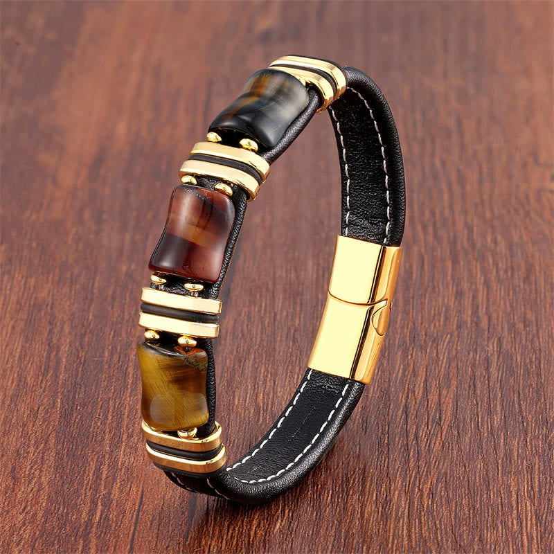 Tiger Eye Three Bamboo Stone Protection Power Leather Bracelet - Image 3