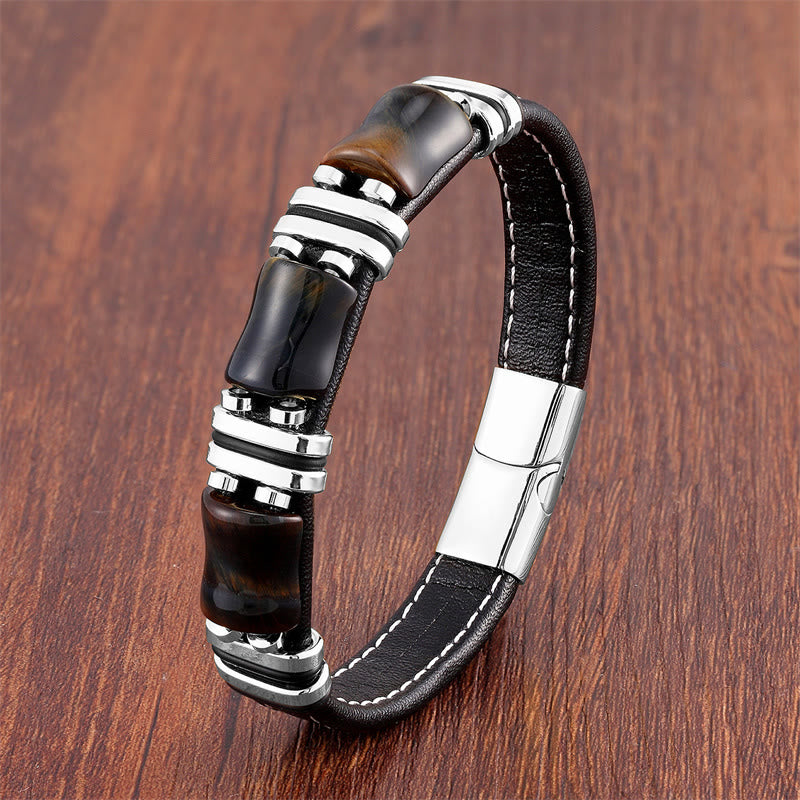 Tiger Eye Three Bamboo Stone Protection Power Leather Bracelet - Image 7