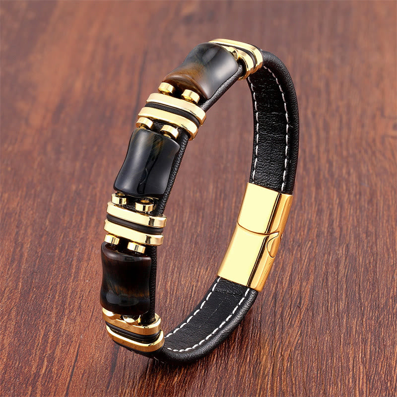 Tiger Eye Three Bamboo Stone Protection Power Leather Bracelet - Image 8