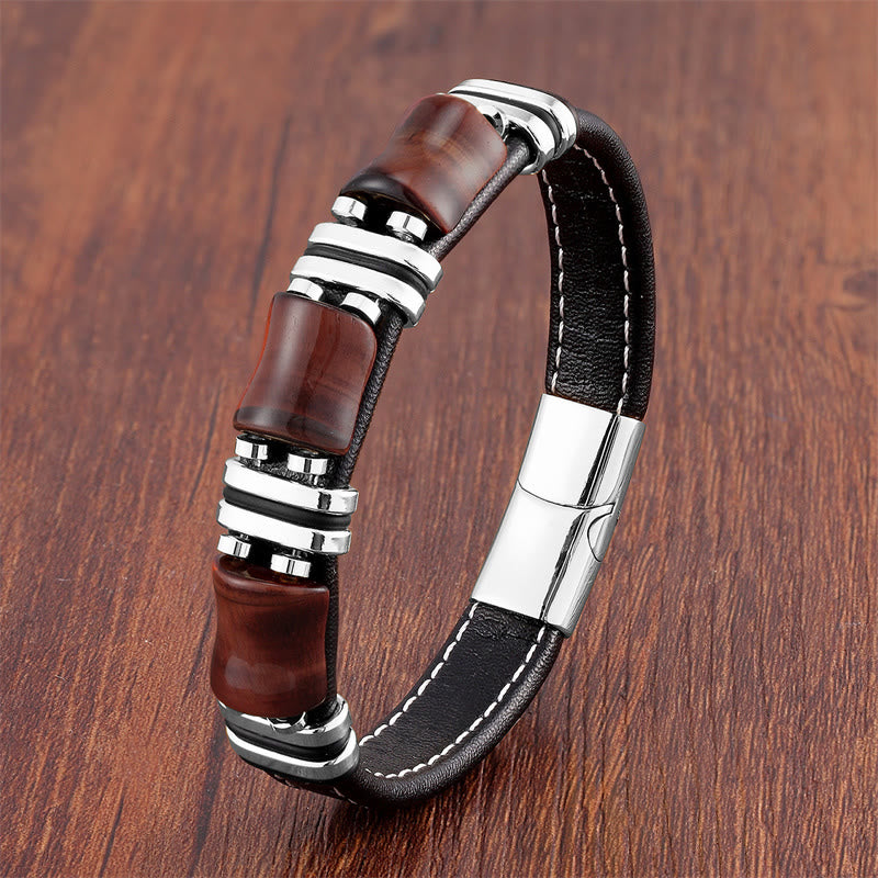 Tiger Eye Three Bamboo Stone Protection Power Leather Bracelet - Image 9