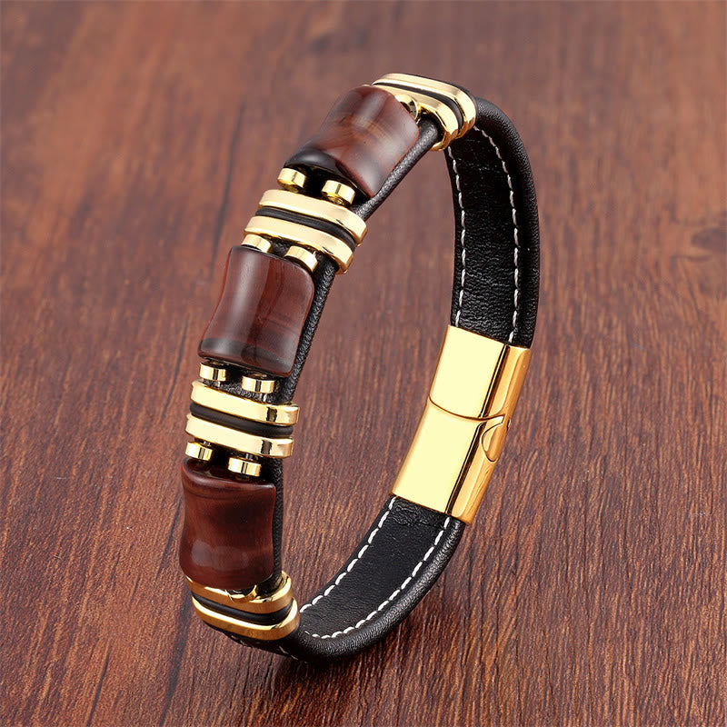 Tiger Eye Three Bamboo Stone Protection Power Leather Bracelet - Image 10